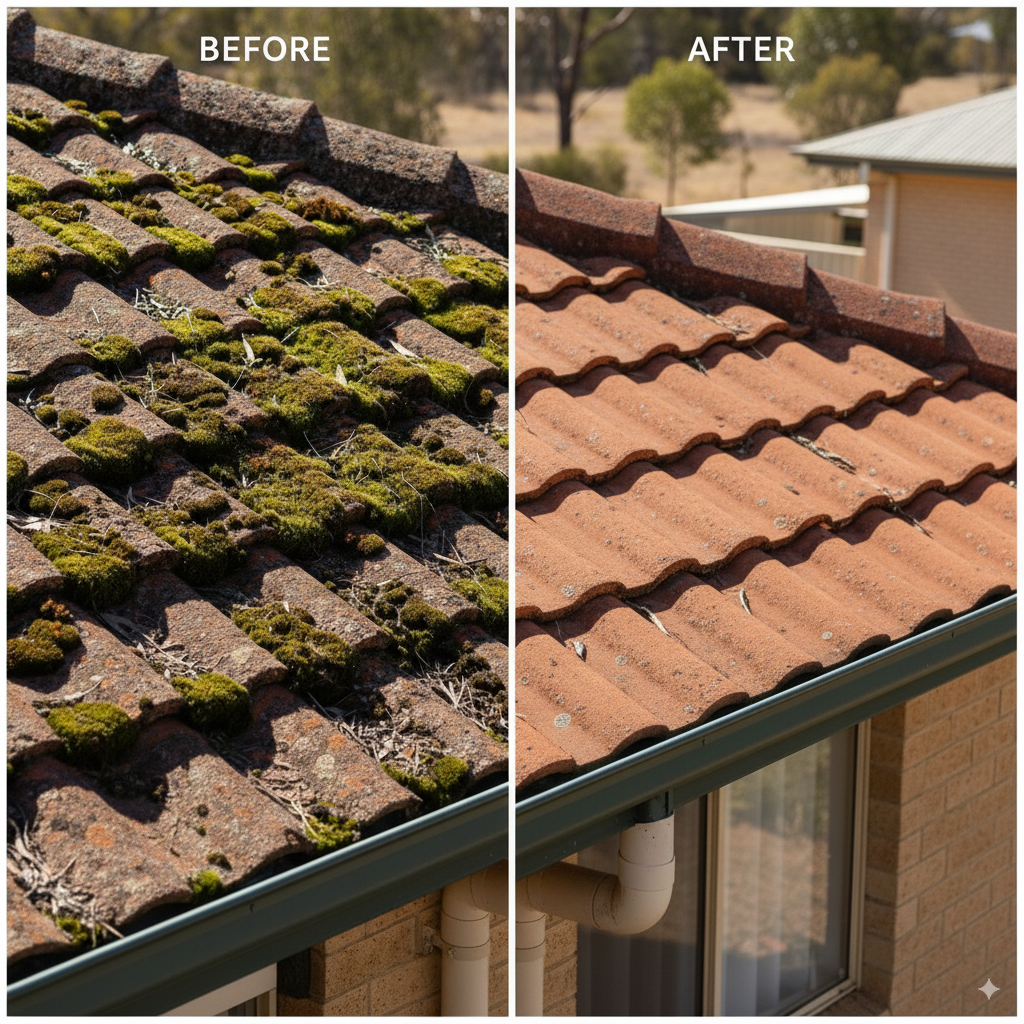 Roof moss treatment before and after on a Bendigo roof